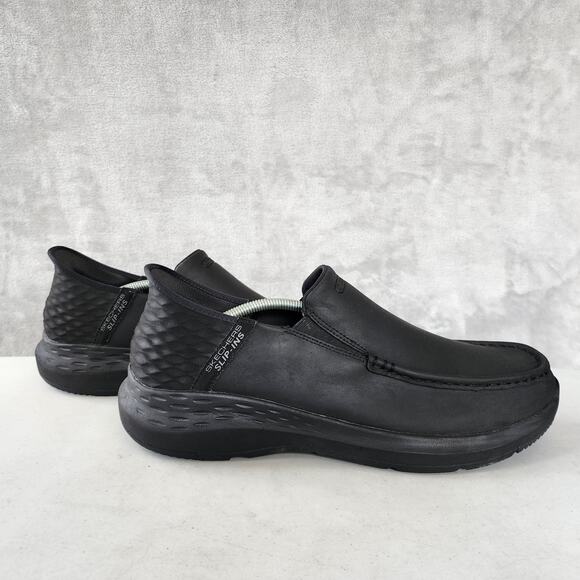 Skechers Shoes Mens 13 Slip Ins Loafers Black Leather Air Cooled Parson Oswin - Picture 11 of 13